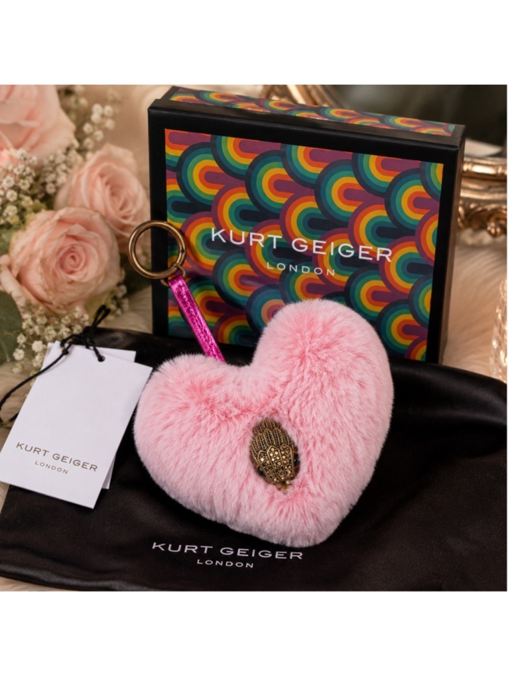 Kurt Geiger Pink Heart Faux Fur Keyring with Gold Eagle - NWT & Box
